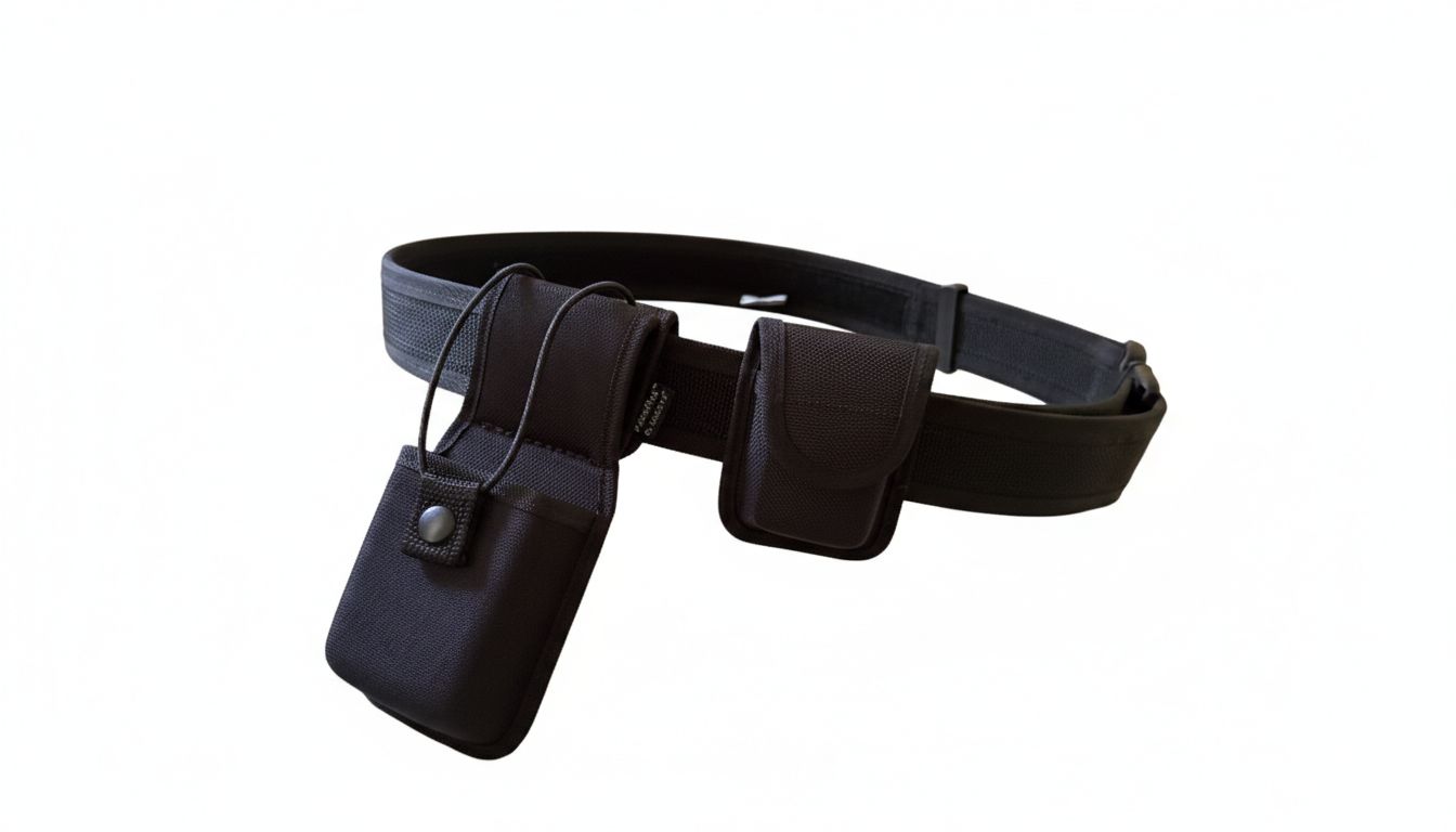 BlackHawk Cinturón de servicio de tela negra, 2.25 pulgadas + BlackHawk single cuff case + Bianchi Universal Radio holder