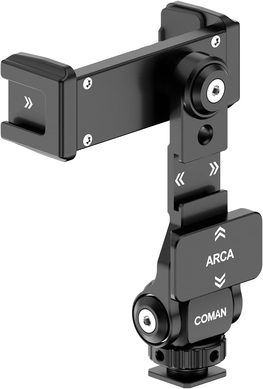 Soporte de trípode de metal para teléfono, soporte con 3 zapatas frías y puerto Arca, adaptador universal de montaje para smartphone, gira 360° y soporte de abrazadera ajustable para teléfono celular