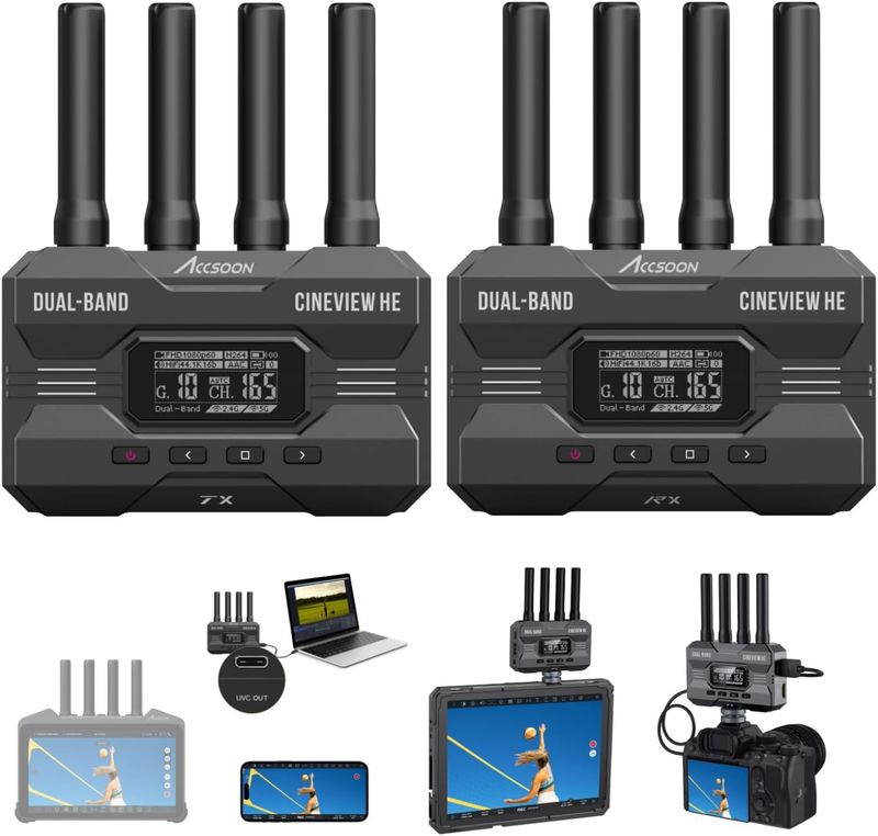 Accsoon CineView HE - Transmisor y receptor de video inalámbrico, 2.4+5 GHz, salida UVC para transmisión en vivo 1080p60 0.06s latencia de 1200 pies Rango de hasta 4 dispositivos de monitoreo, compati