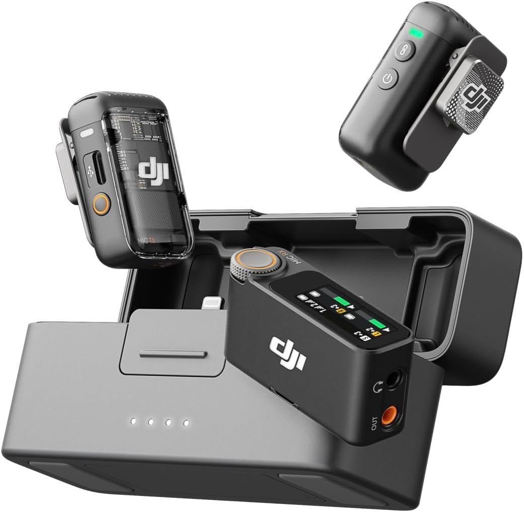 DJI Mic 2 (2 TX + 1 RX + estuche de carga), micrófono inalámbrico todo en uno, cancelación inteligente de ruido, grabación interna flotante de 32 bits, alcance de 820.2 ft, micrófono para iPhone, Andr