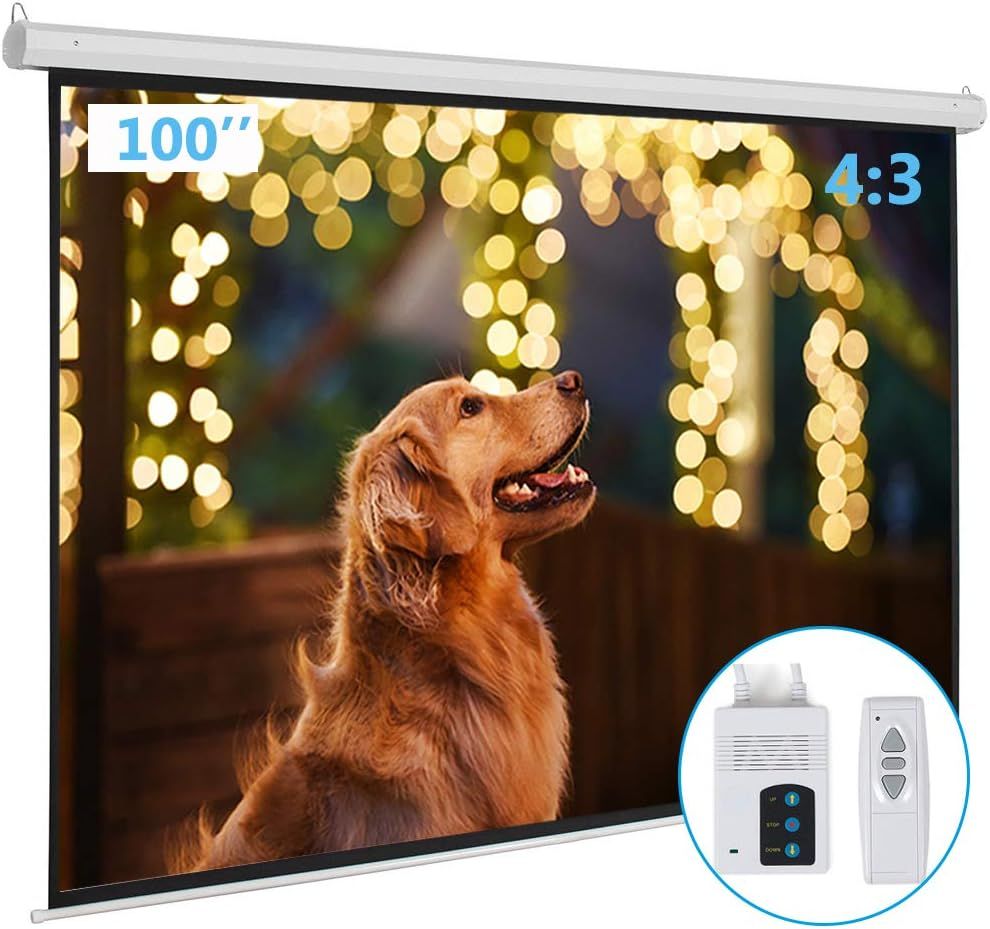 Pantalla de proyector motorizada con control remoto, sin arrugas, sin abolladuras, pantalla HD, para cine en casa, oficina, aula, TV (100 pulgadas 4:3)