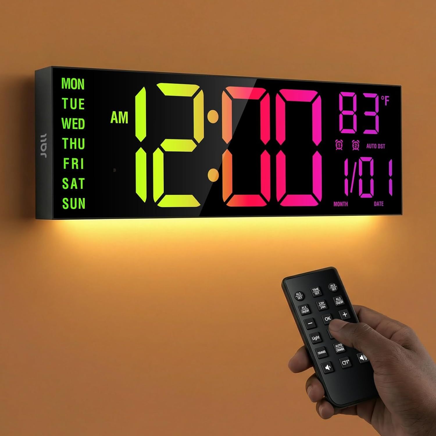Reloj de pared digital grande de 16", con montaje en pared, temporizador de cuenta regresiva, alarma, LED grande, 8 colores RGB, DST, temperatura para sala de estar, aula, escritorio