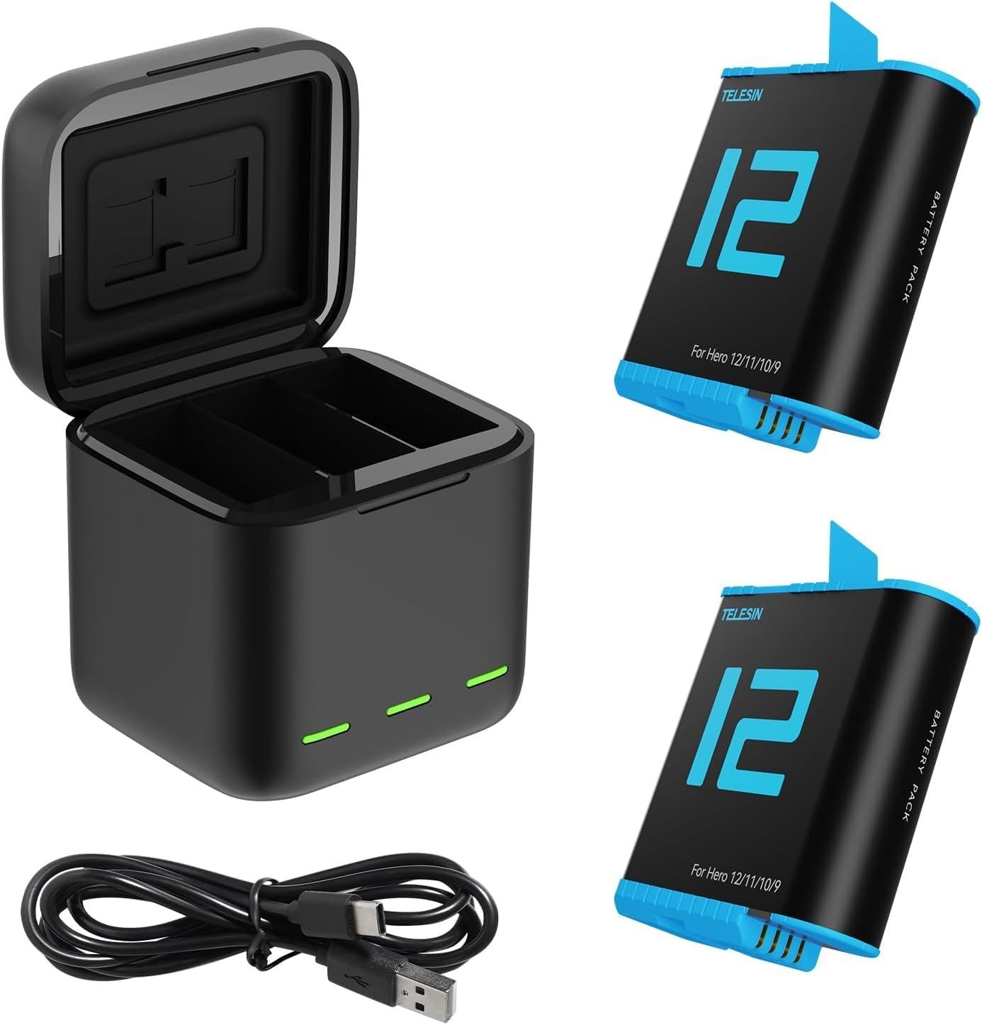 TELESIN Kit de Cargador de Batería para GoPro Hero 12 11 10 9 Black, Paquete de 2 Baterías + Estuche de Carga Triple con Cable de Carga Tipo C para Go Pro 12 11 10 9 Accesorios de Baterías Originales