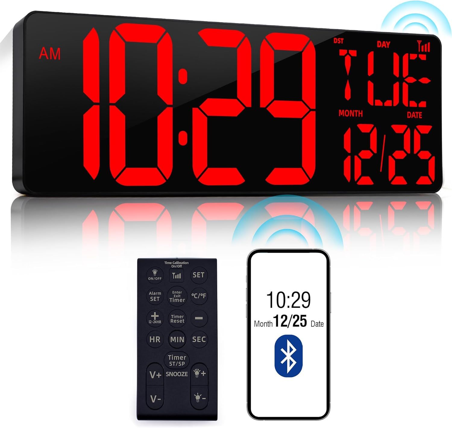 Reloj de pared digital grande de 17.2 pulgadas, Bluetooth, sincronización automática de tiempo, reloj digital de gran pantalla, atenuación automática/DST, reloj de pared LED