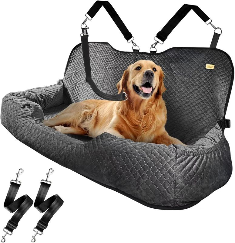 Asiento trasero grande para perros de 100 libras, cama para mascotas, asiento de automóvil, totalmente desmontable, lavable, seguridad de viaje con bolsillo de almacenamiento, color negro