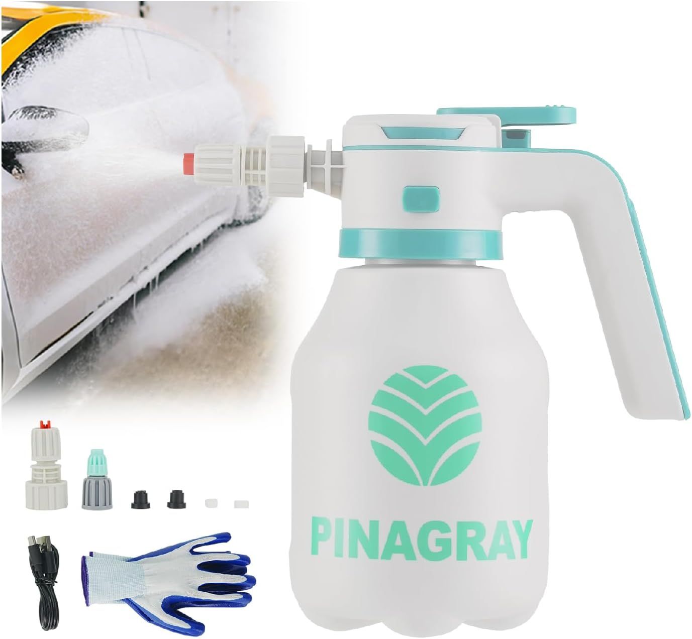 Pulverizador eléctrico de espuma de 2 litros/0.5 galones, pulverizador de espuma recargable para automóvil con 2 boquillas, carga tipo C, 1 hora de tiempo de funcionamiento