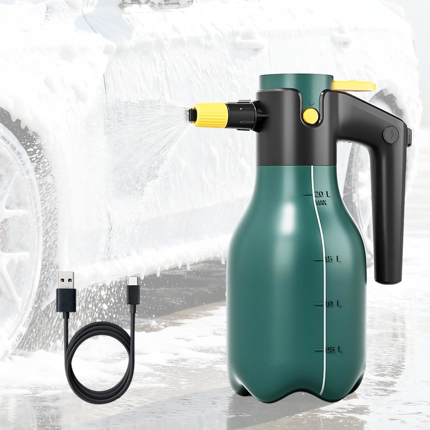 Pulverizador eléctrico de espuma presurizada, pulverizador de bomba inalámbrico de 2 litros con bloqueo de un toque, rociador de espuma portátil para lavado de autos