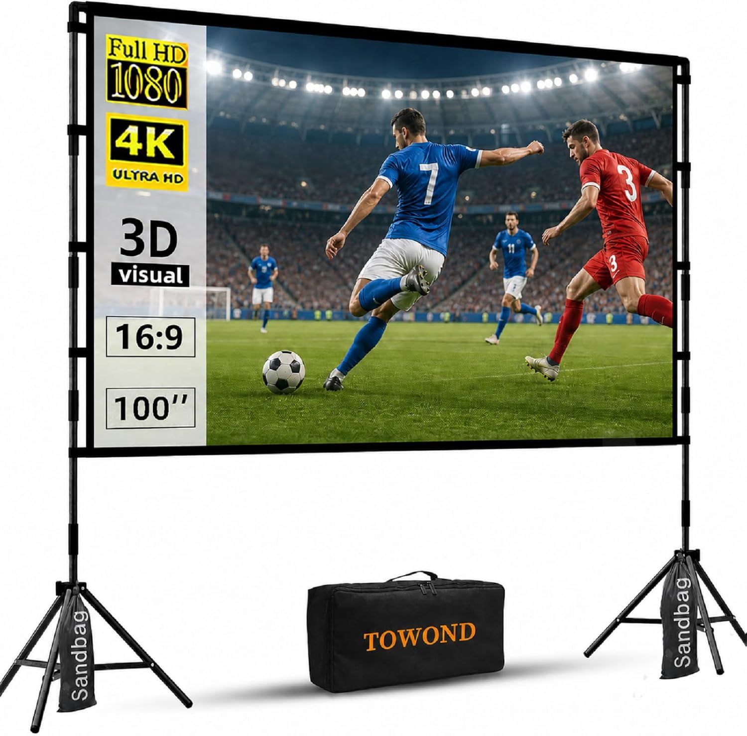 Pantalla de proyector con soporte, pantalla de proyector para exteriores de 100 pulgadas, pantalla de proyección portátil para interiores, pantalla de cine frontal trasera 16:9 4K