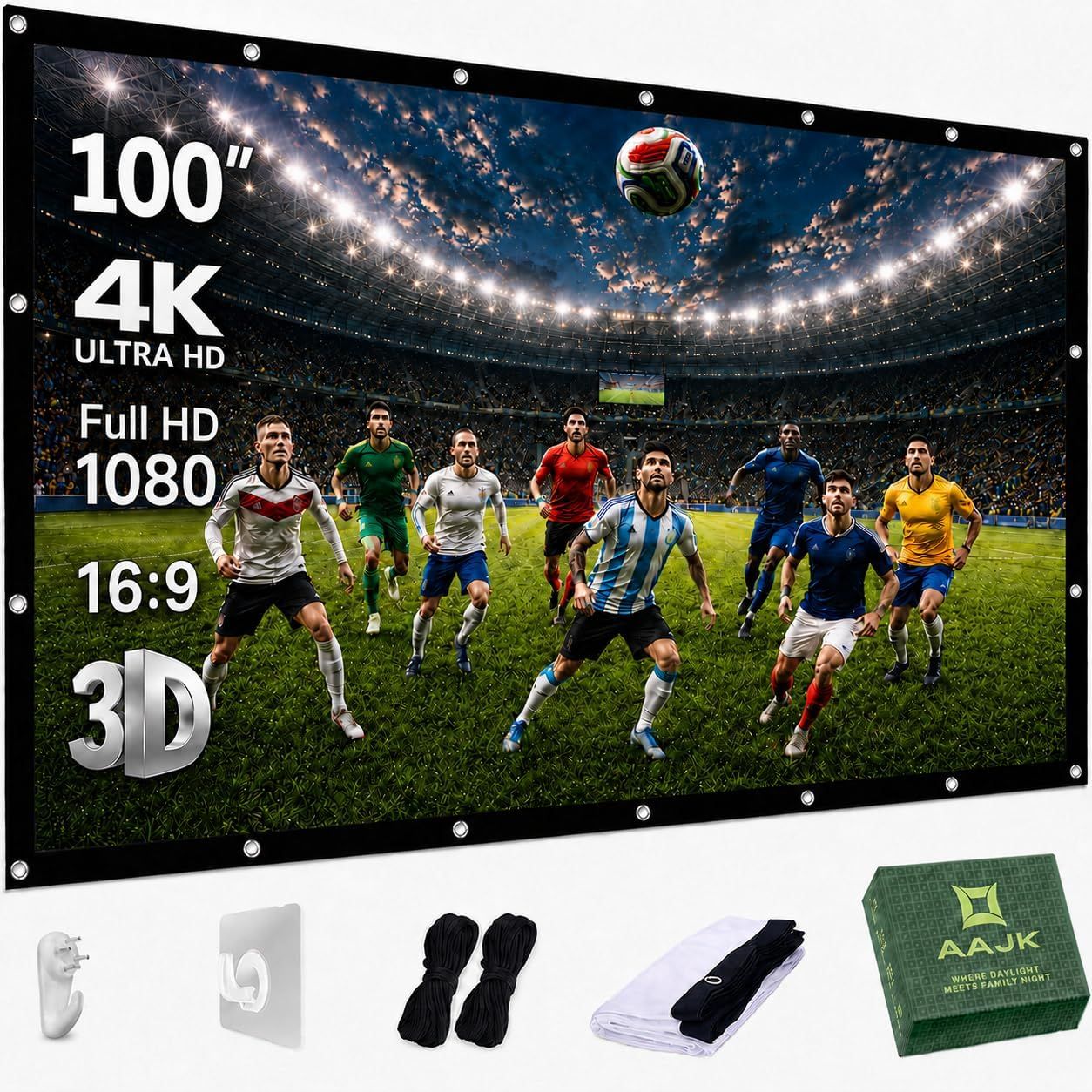 Pantalla de proyección de video de 100 pulgadas, pantalla de proyector lavable 4K de 16:9 HD plegable, no se arruga, portátil, pantalla de películas para cine en casa, para interior y exterior