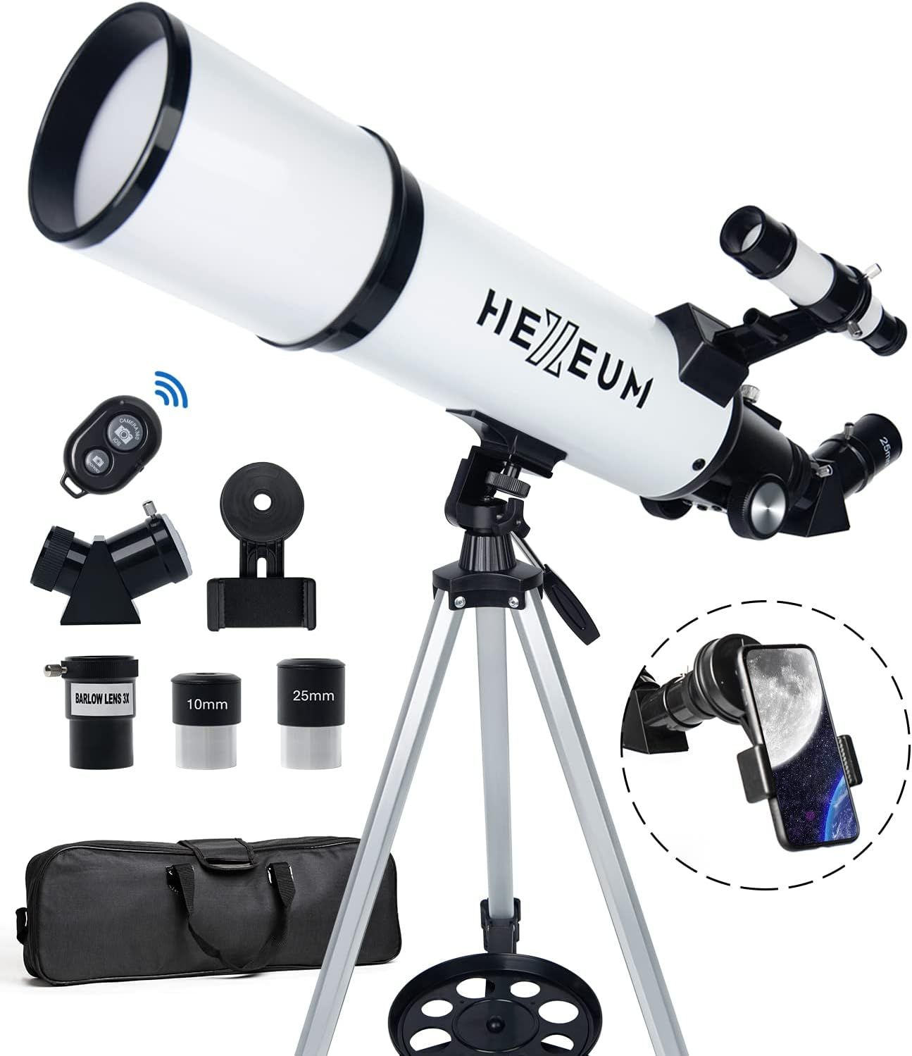 Telescopio 80mm Apertura 600mm - Telescopio refractor portátil astronómico con revestimiento multicapa de alta transmisión, montura AZ con trípode, adaptador para teléfono, control inalámbrico, bolsa