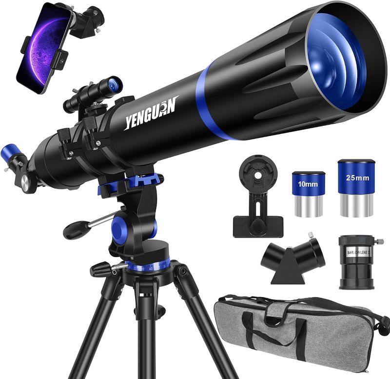 Telescopio, apertura de 90 mm 800 mm - telescopios refractores profesionales para adultos de alta potencia, amigables para principiantes, adaptador para teléfono