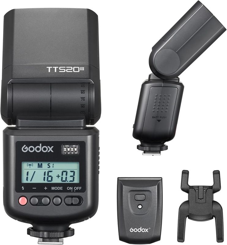 Godox TT520III Flash de cámara con disparo inalámbrico de 433 MHz - 33 GN, 16 canales, cabezal de flash ajustable, múltiples modos y accesorios - Compatible con Canon, Nikon, Sony, Fujifilm, Olympus