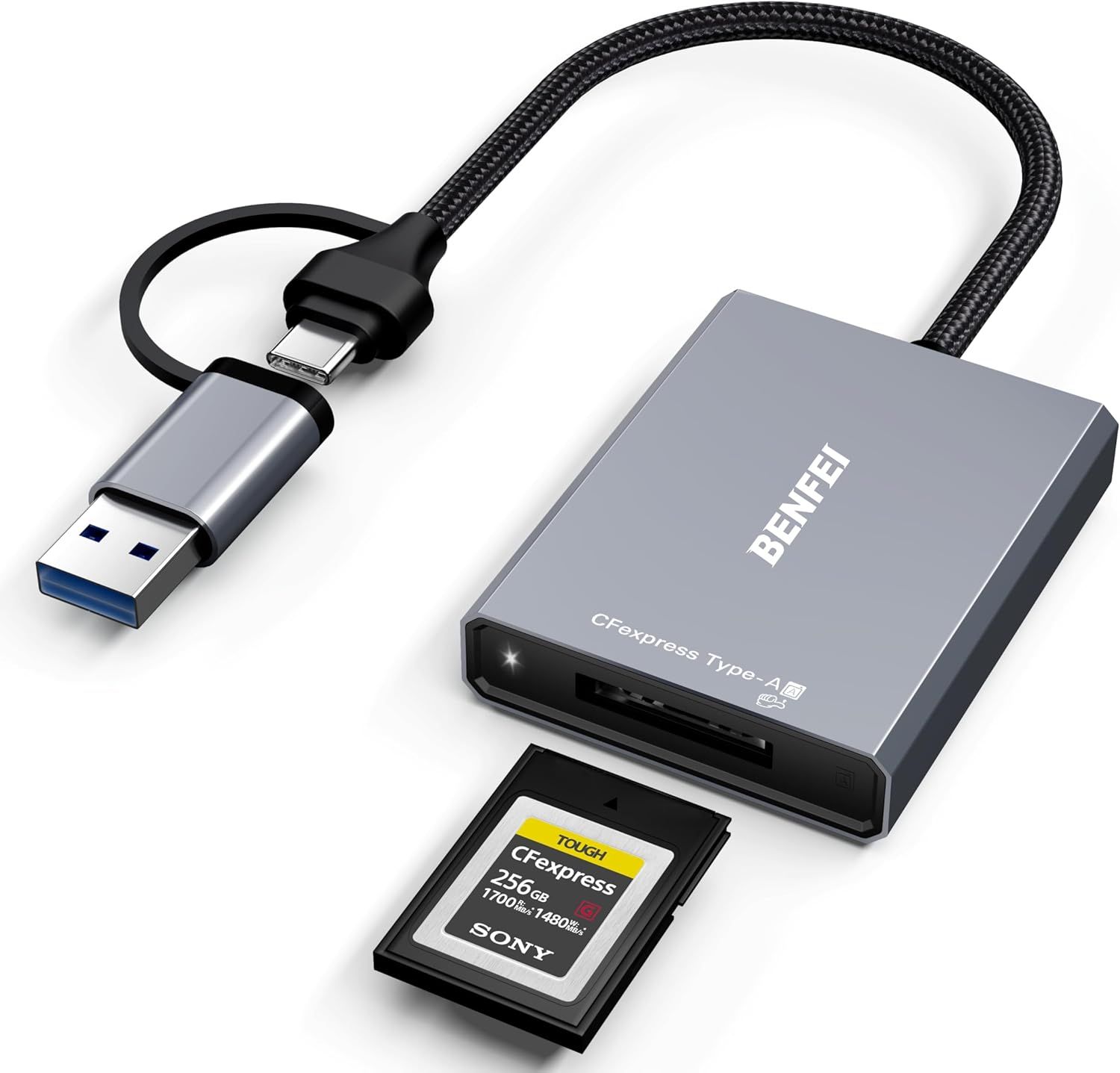 BENFEI Lector de Tarjetas CFexpress Tipo A con USB 3.2 (Gen 2) 10Gbps, Adaptador CFexpress Tipo A 2-en-1 USB-C y USB-A, Compatible con Windows/Mac/Linux/Android