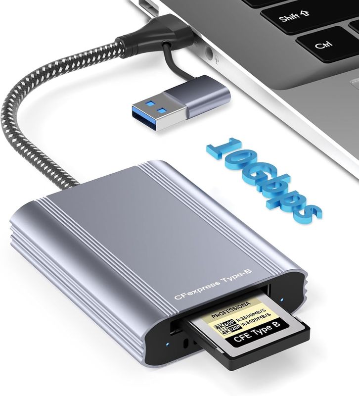 CFexpress - Lector de tarjetas tipo B con USB 3.2 Gen 2 10Gbps y USB-C/USB-A 2 en 1 tipo B adaptador CFexpress, compatible con Windows/Mac/Linux/Android, para iPhone 17/16/15, portátiles, tabletas, te