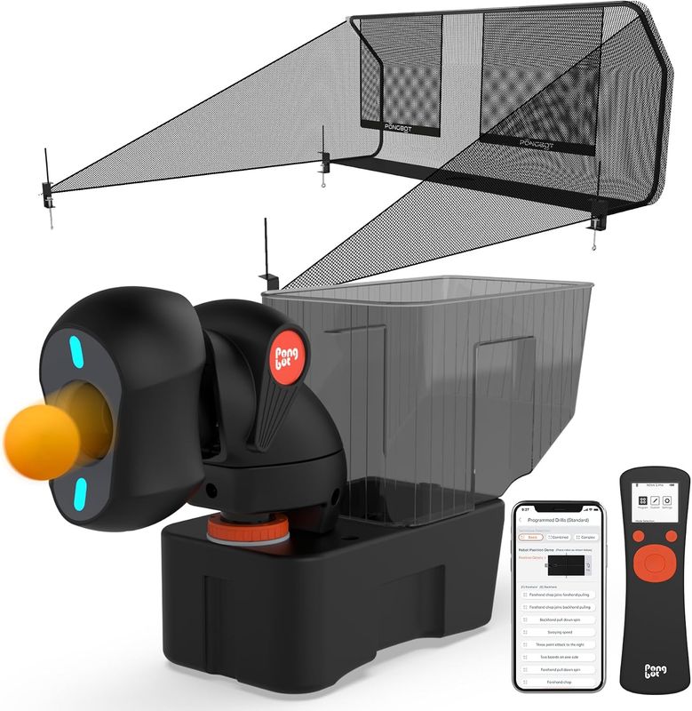 Robot de Tenis de Mesa PONGBOT con Red, Máquina de Ping Pong, Control Remoto/App, 264 Ejercicios Pre-Guardados, Ejercicios Personalizados