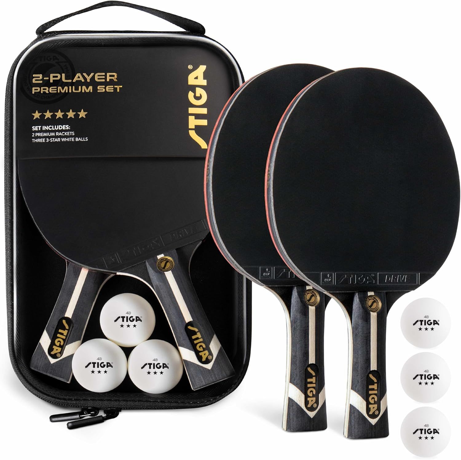 STIGA Juego de tenis de mesa premium para 2 jugadores – Incluye 2 paletas aprobadas por la ITTF, 3 pelotas de ping pong blancas de 3 estrellas y estuche de transporte