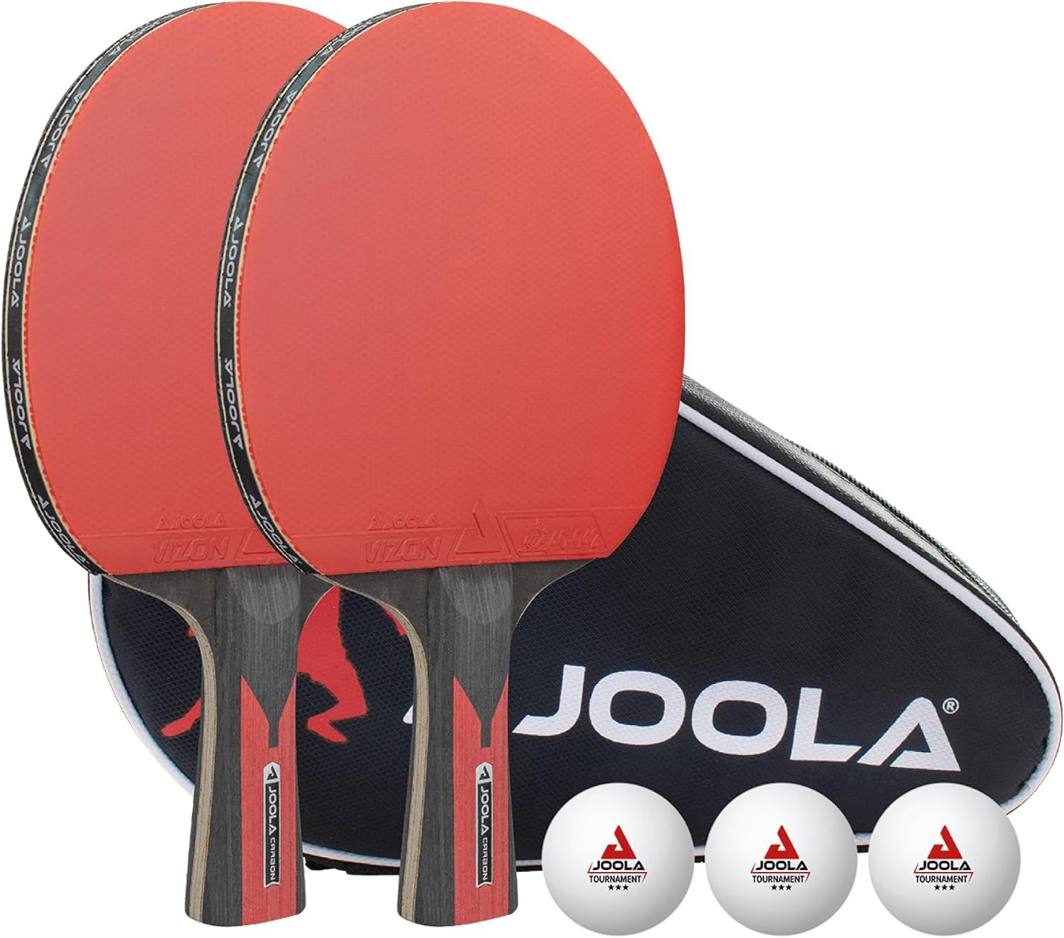 JOOLA Duo Carbon - Juego de 2 palas de ping pong profesionales, tres pelotas de ping pong blancas avanzadas de 3 estrellas y estuche de transporte, raquetas avanzadas de tenis de mesa