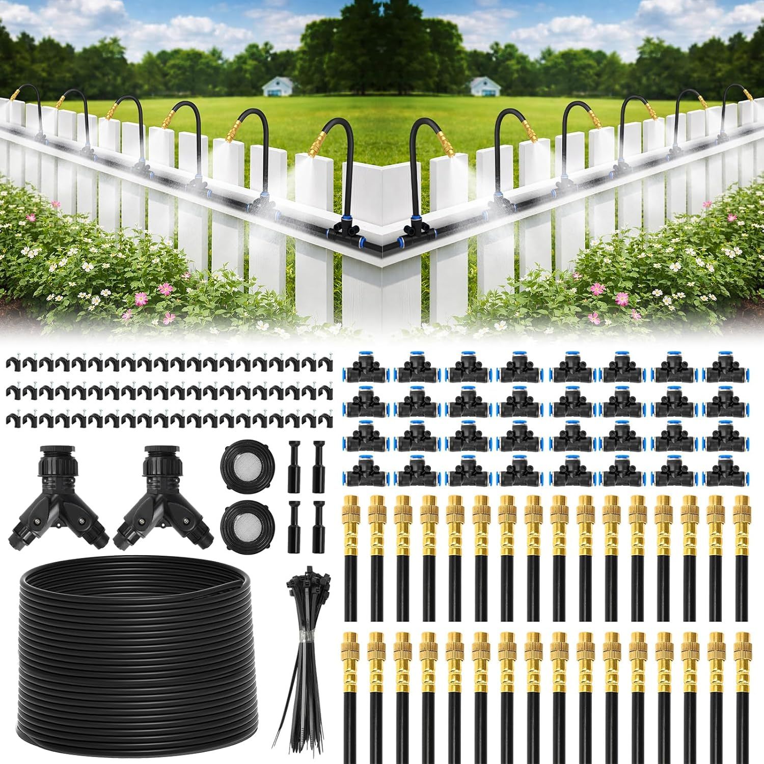 Sistema de riego por goteo de 200 pies 1/4 pulgadas, kit de rociadores de jardín con 32 boquillas de cobre ajustables de 360°, sistema automático de riego por nebulización para camas elevadas