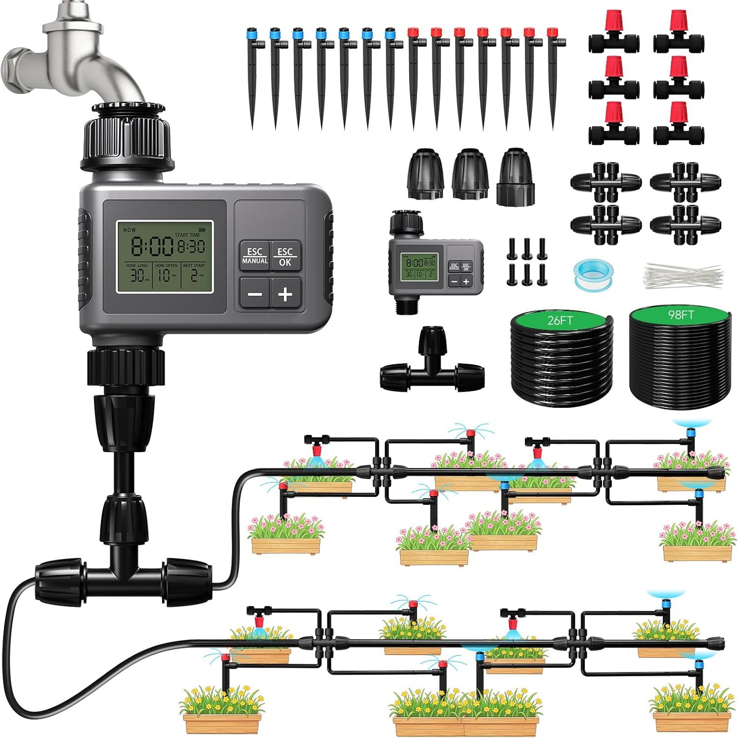 Sistema de riego por goteo de 124 pies con temporizador LCD, kits de sistema de riego automático, manguera de 5/16 pulgadas, tubo de distribución de 1/4 de pulgada, 3 tipos de pulverizadores