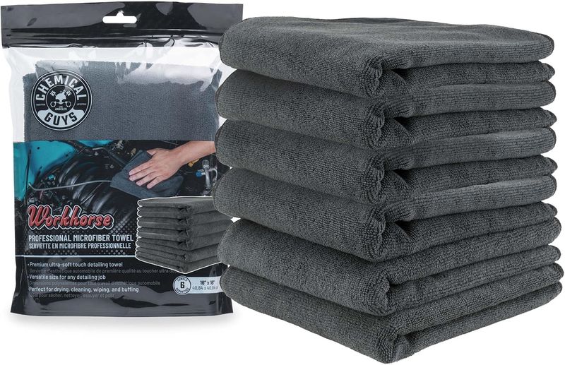 Chemical Guys Toalla Workhorse de microfibra de grado profesional, color negro (40 x 40 cm) (paquete de 6)