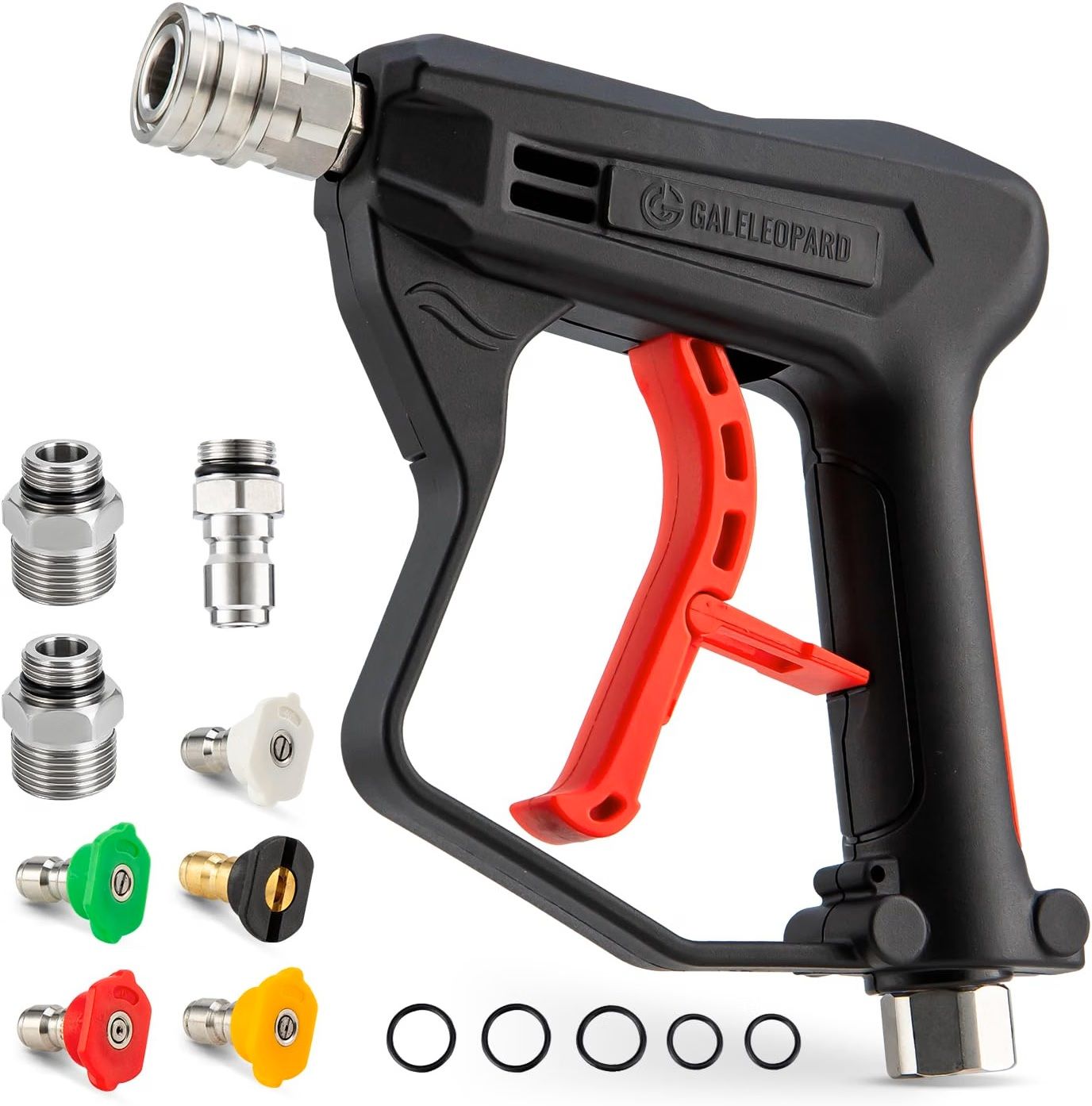 Pistola de lavado a presión corta con conector rápido de 1/4", pistola de lavado de alta presión de 4350 PSI con 5 puntas de boquilla de pulverización, enchufe macho de 3/8" y accesorios M22-14/15mm
