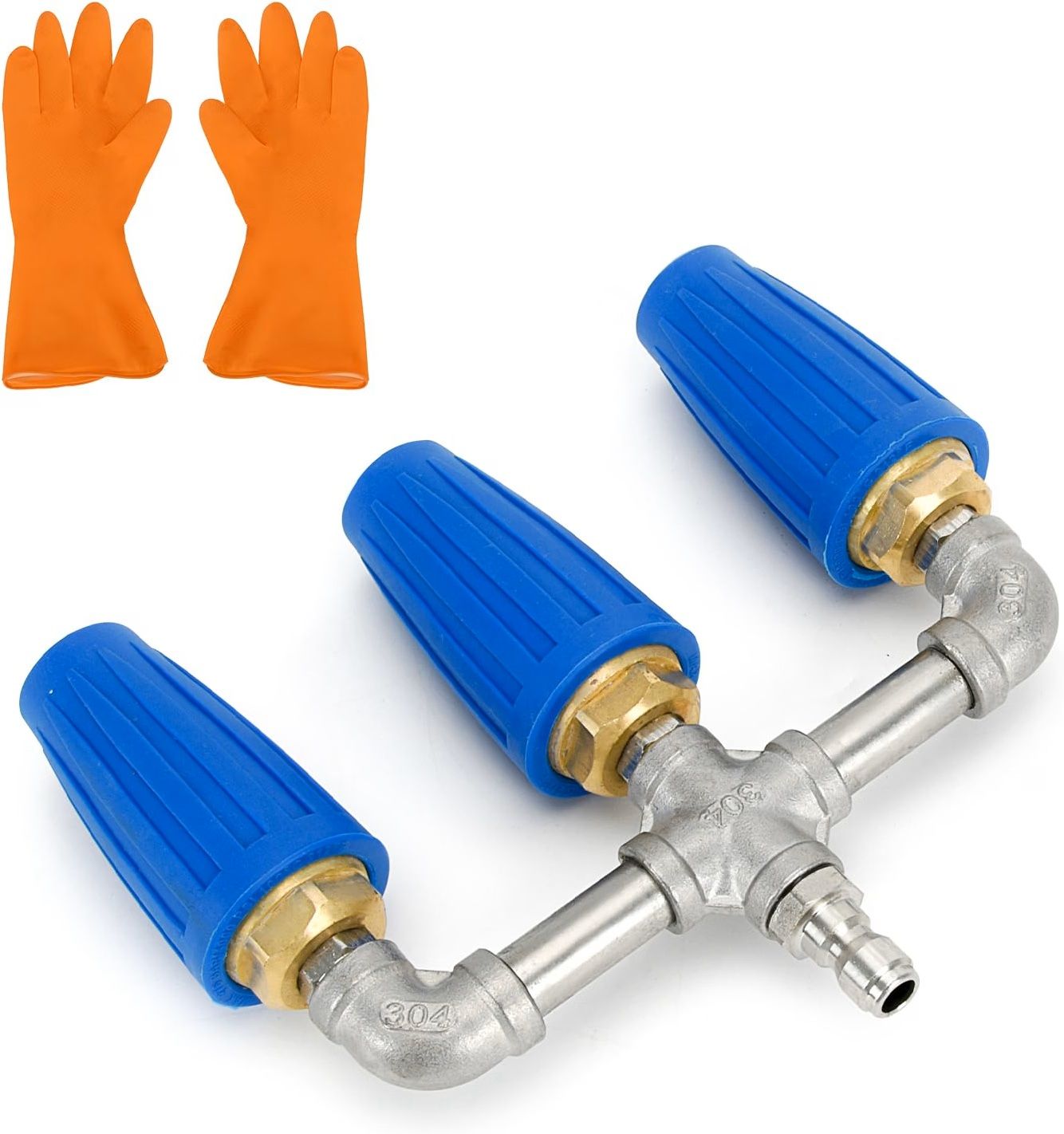 Punta de lavado a presión de triple boquilla turbo con guantes, boquilla turbo giratoria de 360° con conector rápido de 1/4 pulgadas, boquilla turbo 3 en 1 de 2.5 orificios, 4000 PSI
