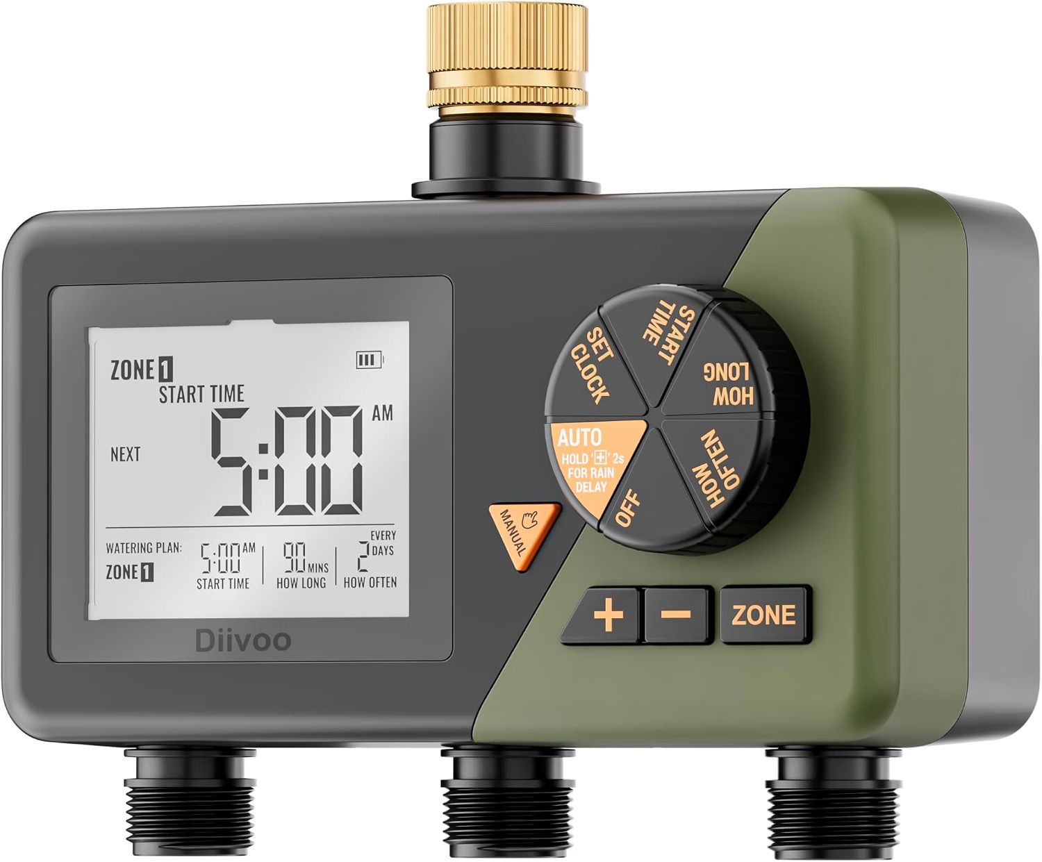 Diivoo Temporizador de aspersor de 3 zonas, temporizador de manguera de agua de 3 salidas para jardín, riego automático programable con retraso por lluvia, riego en modo manual/automático, IP54