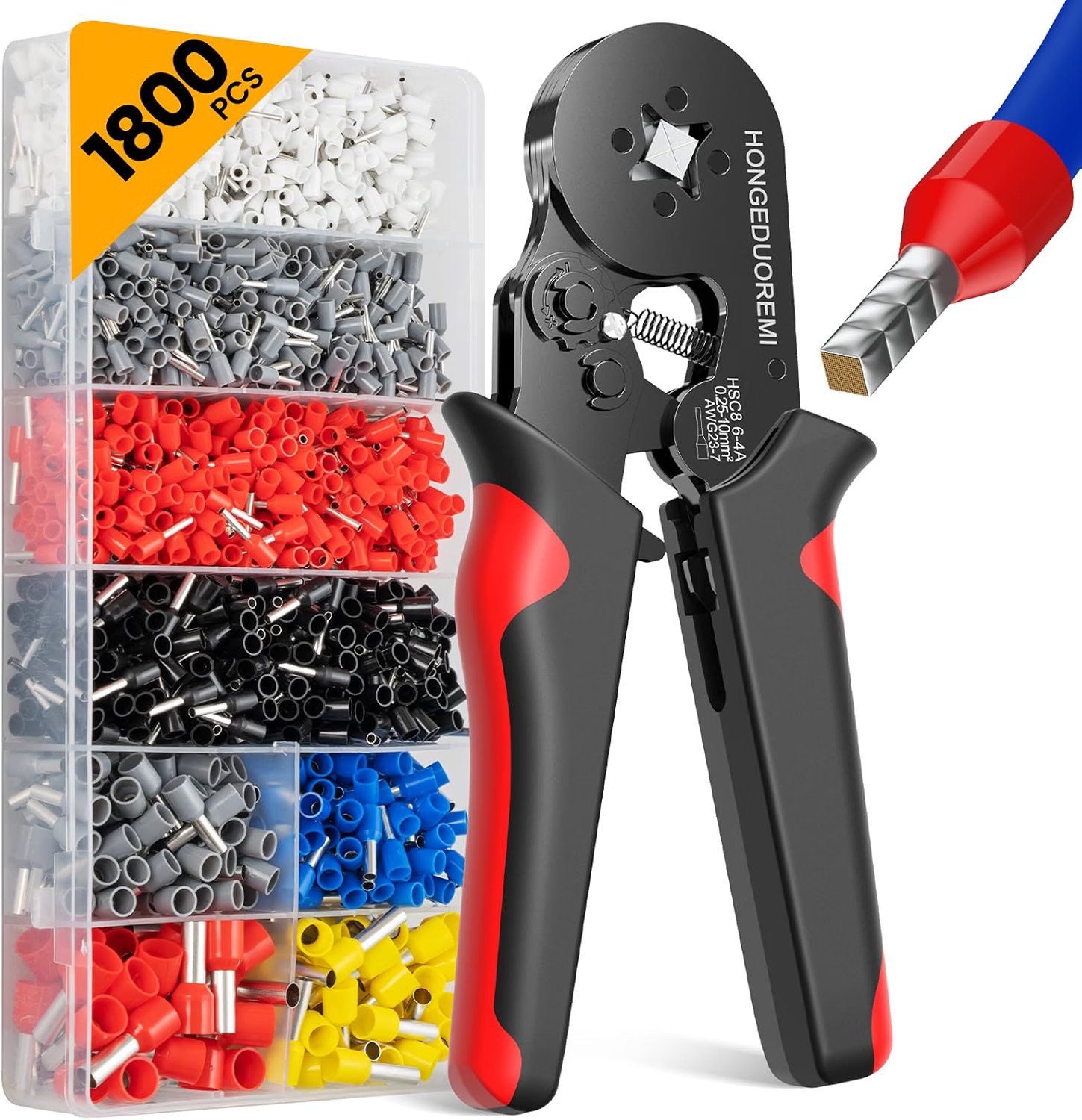 Kit de herramientas de crimpado de ferrules, kit de conectores de virola de alambre, 4 esquinas autoajustables AWG23-7 calibre 1800 piezas de ferrules terminales eléctricas, herramientas de crimpado