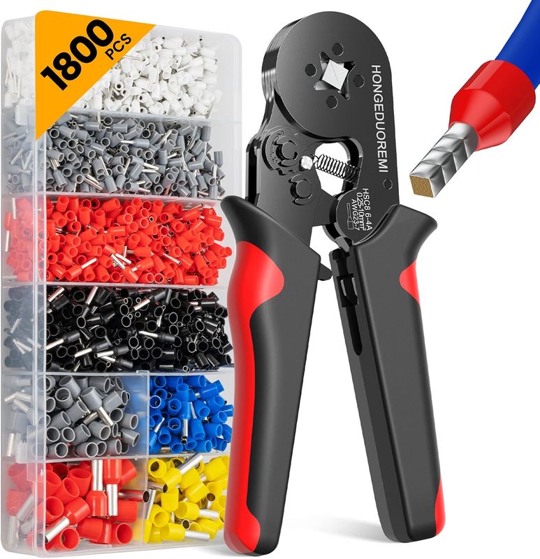 Kit de herramientas de crimpado de ferrules, kit de conectores de virola de alambre, 4 esquinas autoajustables AWG23-7 calibre 1800 piezas de ferrules terminales eléctricas, herramientas de crimpado