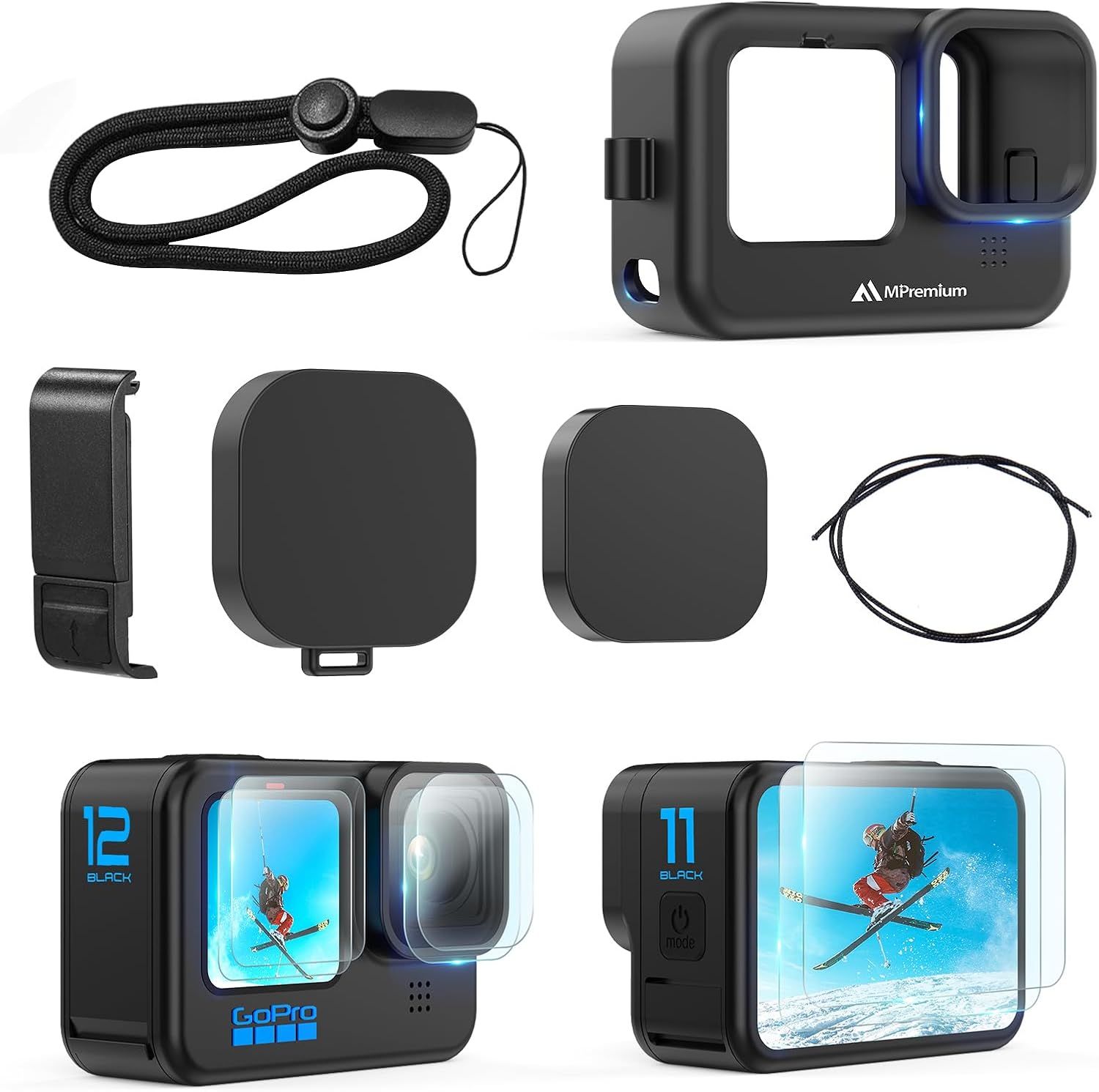 Funda de silicona negra para cámaras GoPro Hero 12 11 10 9 con cubierta lateral de batería, protectores de pantalla, tapas de lente y cordón, paquete completo de accesorios y kit de protección para Go