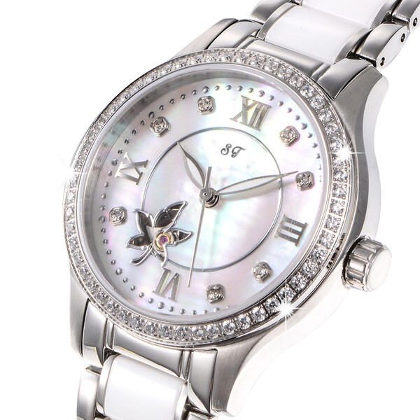 Stainless Steel White Ceramic Automatic Lady watch