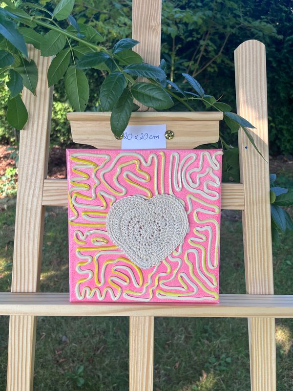 Acrylbild Leinwand 20x20cm Pink Gelb Herz Beige