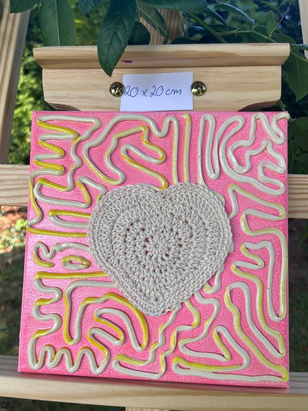 Acrylbild Leinwand 20x20cm Pink Gelb Herz Beige