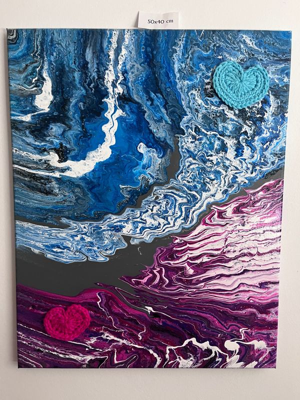 Acrybild 50x40cm Acrylpouring Blau Violett zwei Herzen