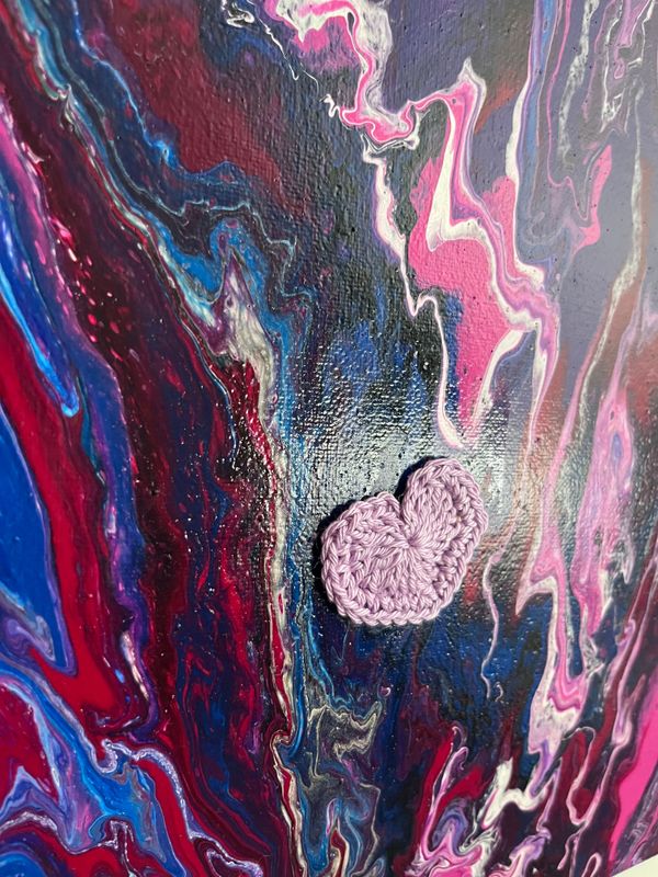 Acrylbild 30x24cm Acrylpouring Violett Magenta Mini-Herz rosa