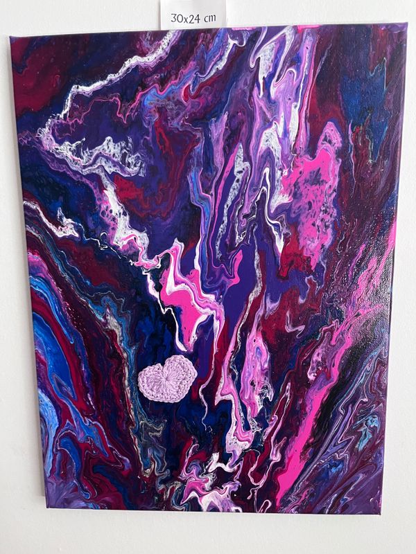 Acrylbild 30x24cm Acrylpouring Violett Magenta Mini-Herz rosa