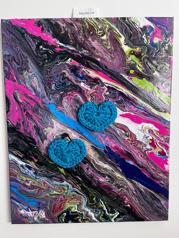 Acrybild 50x40cm Acrylpouring Cyan Mini-Herzen