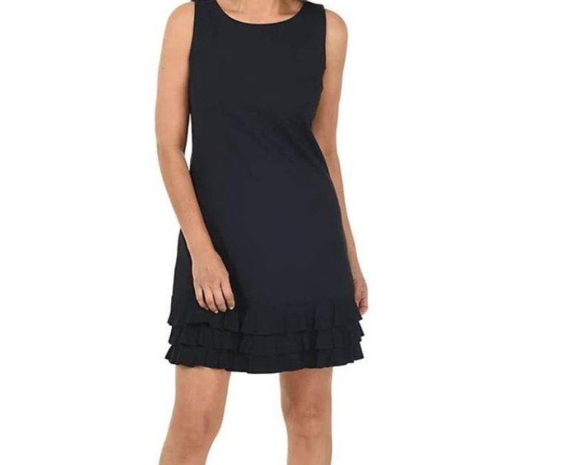 BLACK DRESS WITH RUFFLE TRIM UPF50