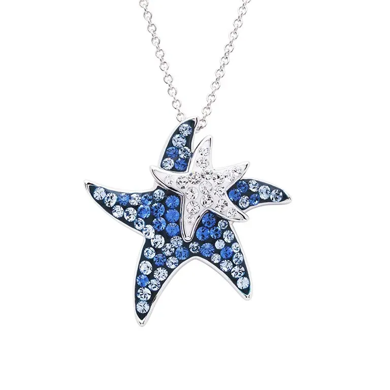 BLUE BABY AND MOM STARFISH PENDANT WITH CHAIN STERLING SILVER