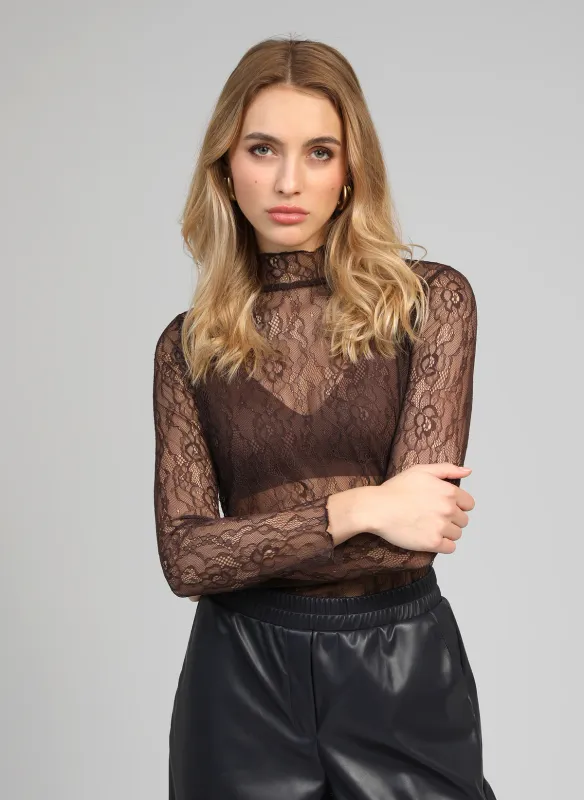 Albani kanten top - bruin