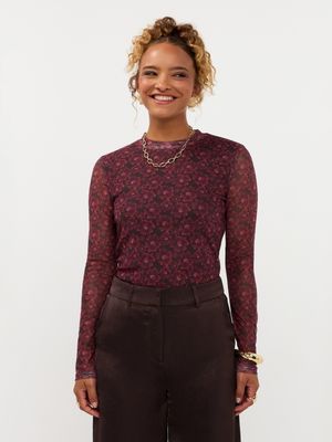 Mesh flower top - bruin &amp; bordeaux