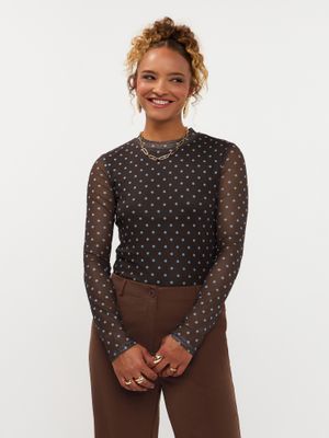 Mesh polka top - bruin &amp; blauw