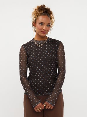 Mesh polka top - bruin &amp; blauw