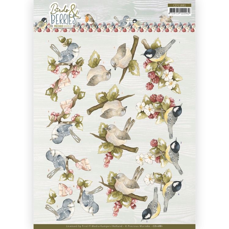 Precious Marieke 3D knipvel -  Birds &amp; Berries - Raspberries