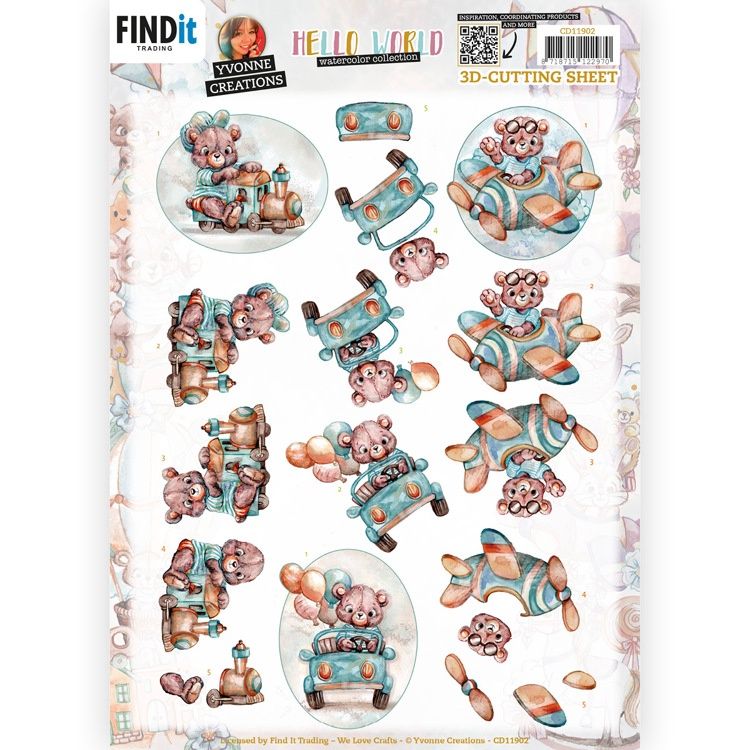 Yvonne Creations 3D knipvel -  Hello World - Playing Teddybear