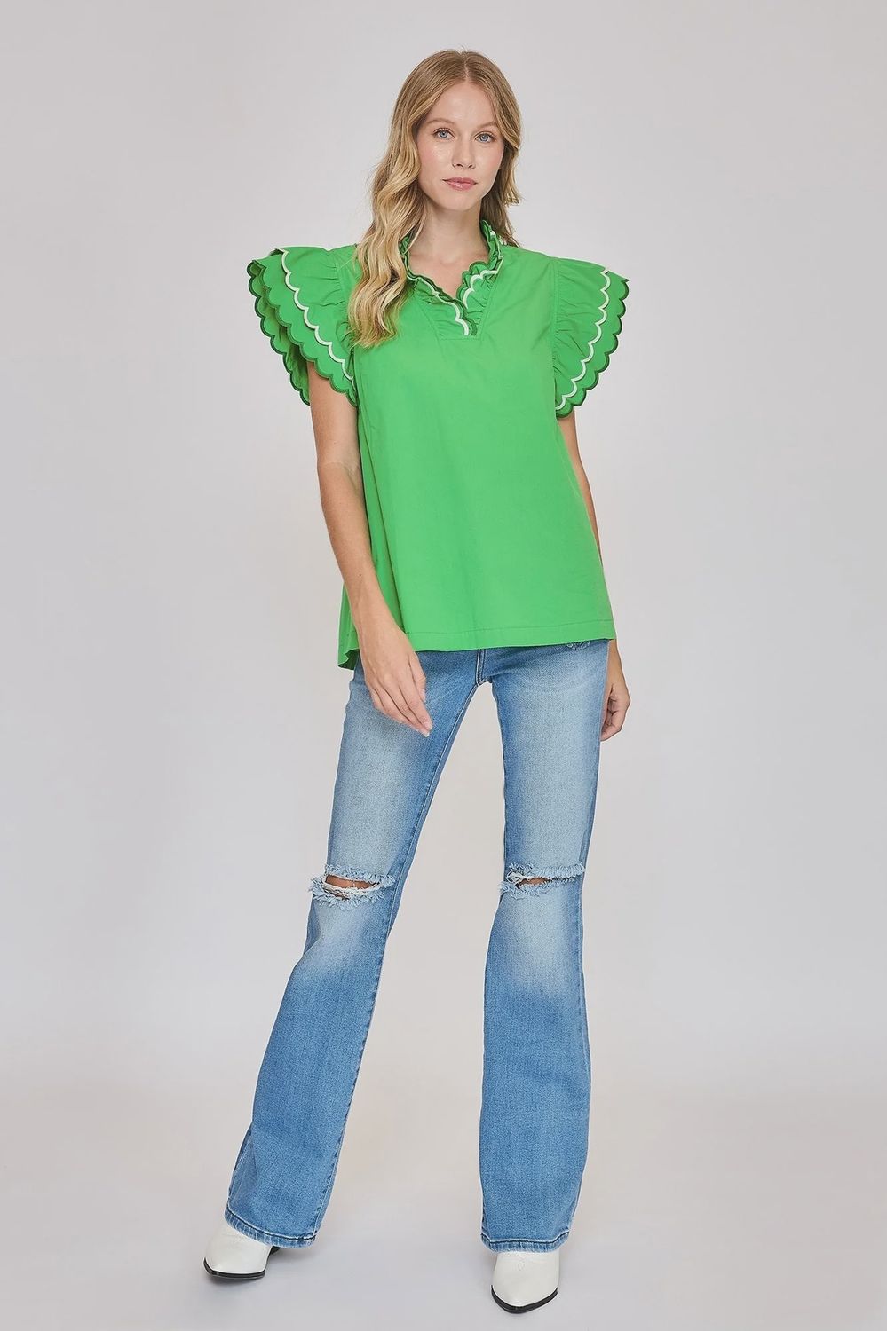Umgee Kelly Green Ruffle Sleeve Shirt