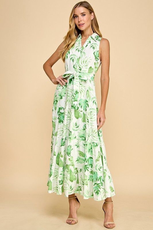 TCEC Palm Leaves Print Collared Button Up Midi Dress