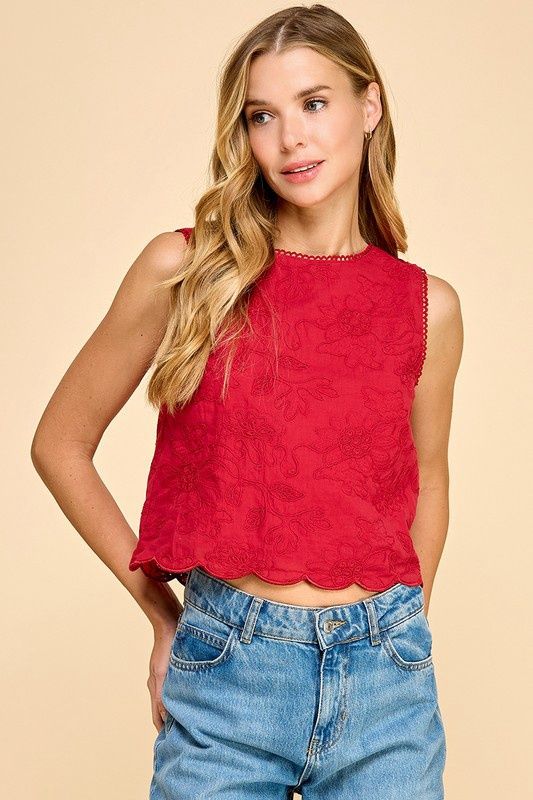 TCEC Red Floral Embroidered Scalloped Tank