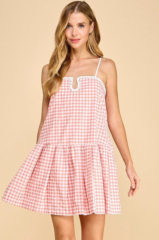 TCEC Gingham Spaghetti Strap Dropped Waist Dress