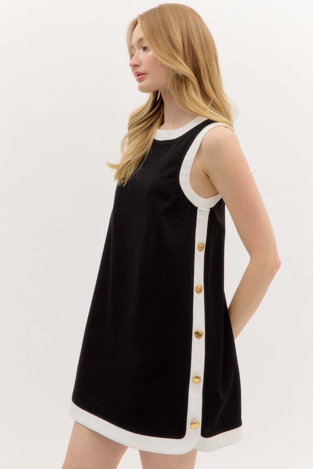 Entro Black Sleeveless Dress With Side Gold Buttons